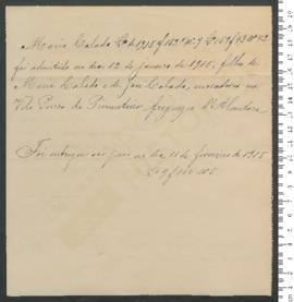 Processo de entrega de Mário Calado, criança exposta n.º 9 de 1915