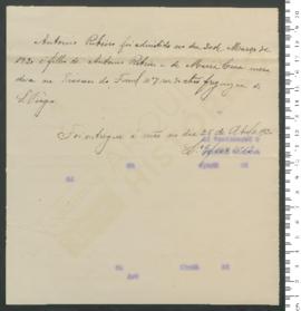 Processo de entrega de António Ribeiro, criança exposta, [matriculada n.º 28 de 1920]